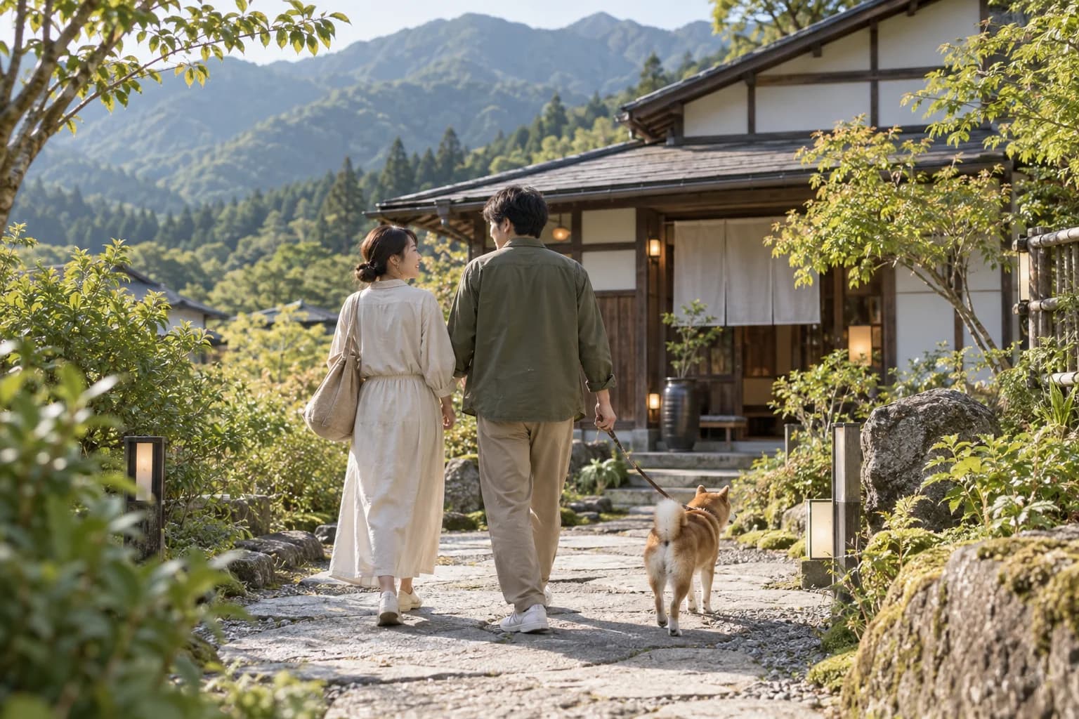 愛犬と宿を訪れる夫婦のイメージ