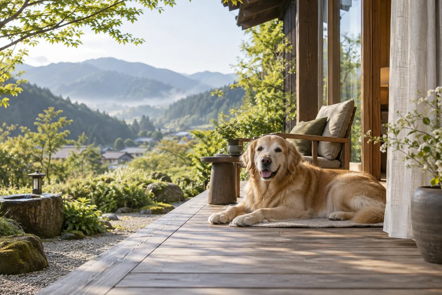 庭を望む宿のテラスでくつろぐ愛犬のイメージ
